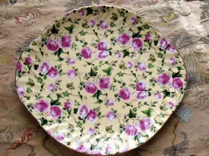 BEAUTIFUL Vintage English Chintz Cake Plate,PINK Roses on Yellow,Decorative Cake Plate, Lovely Serving Plate, Handled Chintz Floral Plate