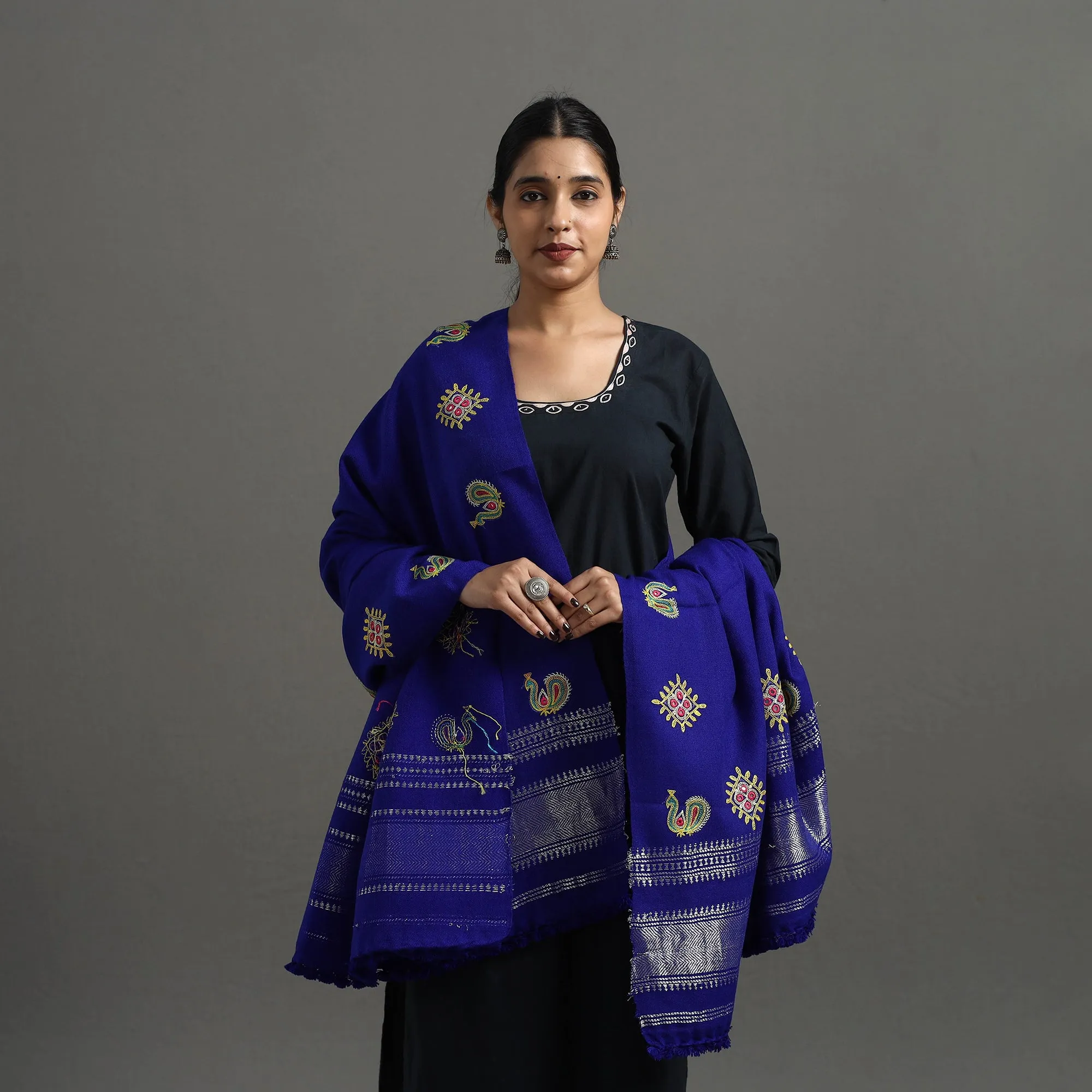 Blue - Kutch Ahir Hand Embroidery Woollen Shawl 41