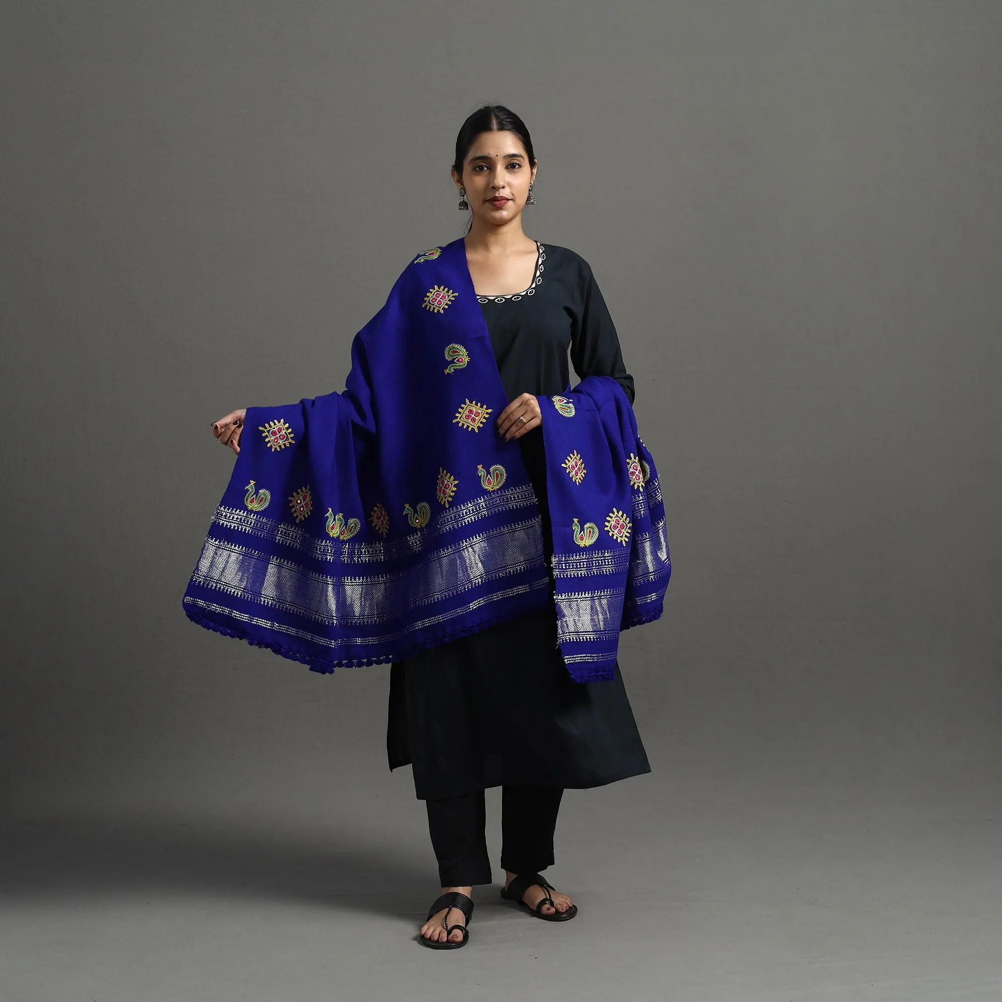 Blue - Kutch Ahir Hand Embroidery Woollen Shawl 41