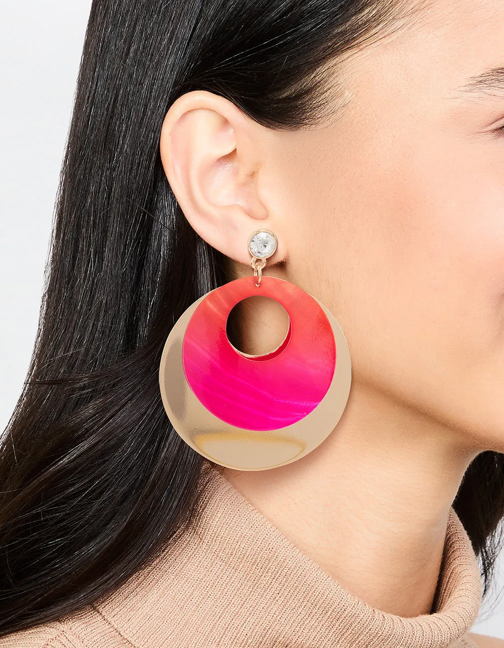 Diamante & Pink Circle Drop Earrings