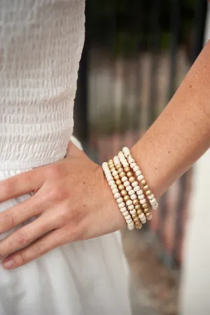 Eleni Natural Wood Beaded Bracelet Stack | Wood and Gold Pisa Beads | Layering Boho Bracelet Set