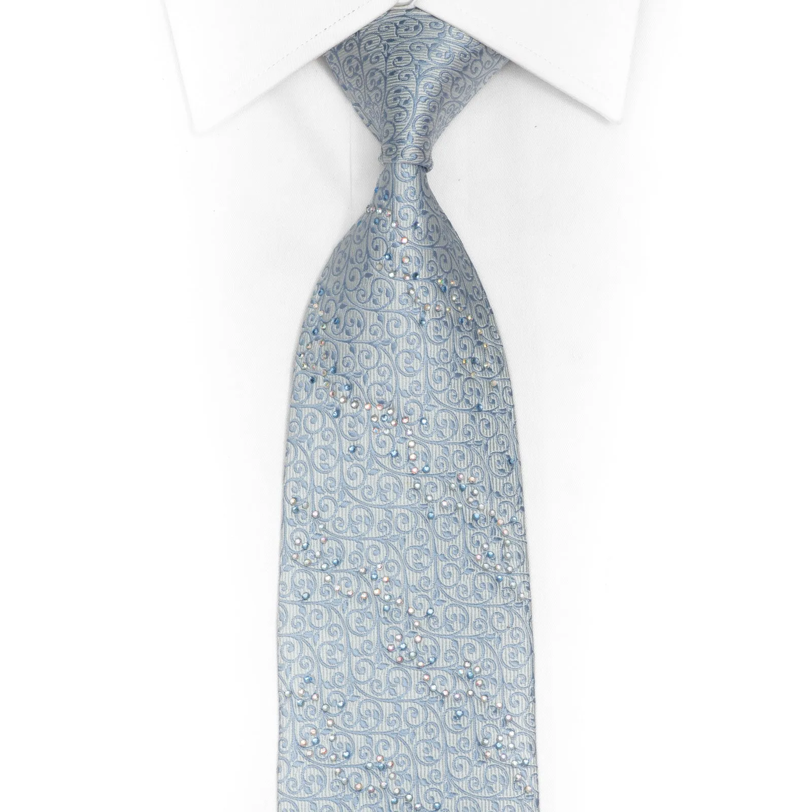 Floral Scrolls On Blue Rhinestone Silk Necktie