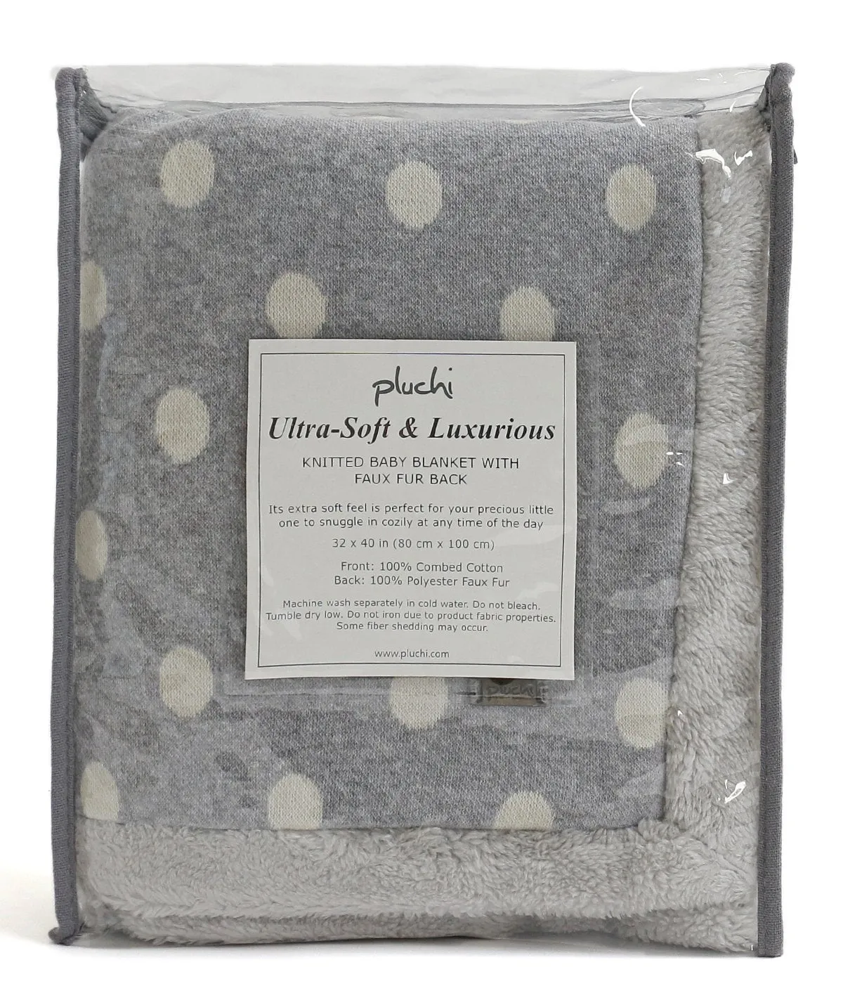 Fun with Dots - Light Grey Cotton Knitted Blanket with Faux Fur Back for Babies