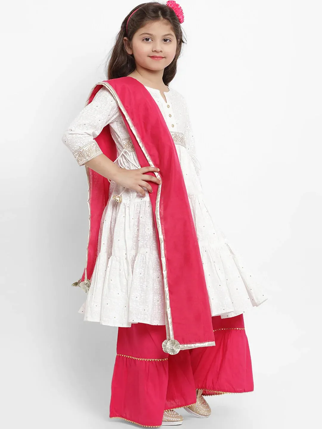 Girls White & Pink Printed Kurti With Palazzos & Dupatta