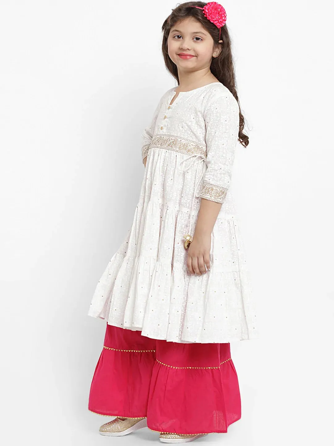 Girls White & Pink Printed Kurti With Palazzos & Dupatta