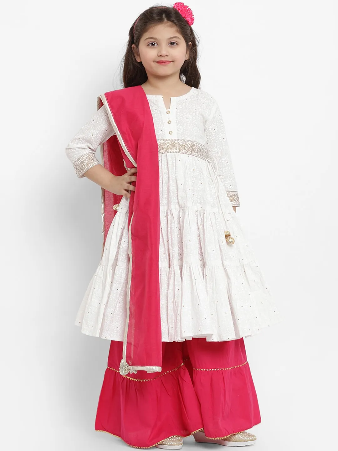 Girls White & Pink Printed Kurti With Palazzos & Dupatta