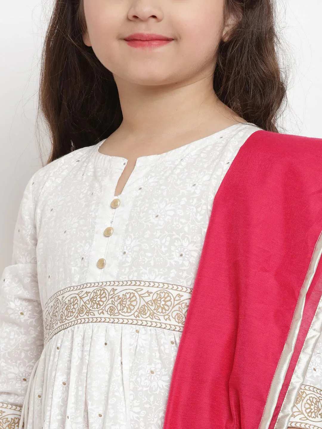 Girls White & Pink Printed Kurti With Palazzos & Dupatta