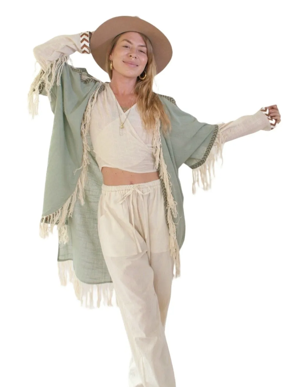 Green Sage Organic Cotton Shrug with Fringe