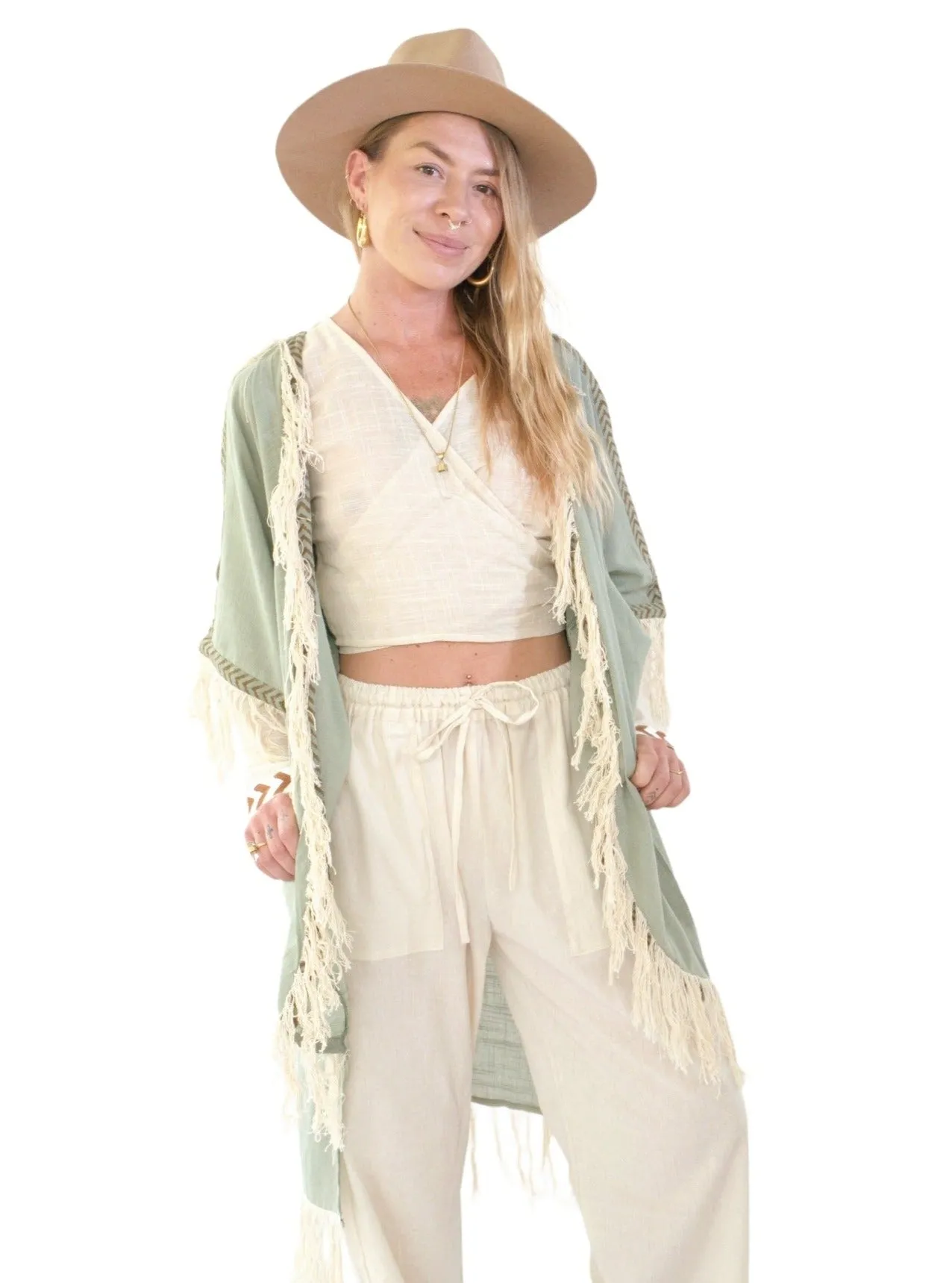 Green Sage Organic Cotton Shrug with Fringe