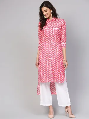 Leaf Printed Pink 3/4Th Sleeve Kurta Set With White Palazo