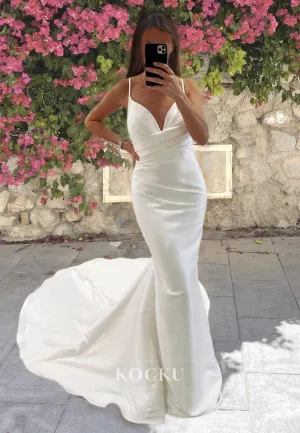 Low V-Neck Sheath Spaghetti Straps Ruched Brush Train Satin Wedding Dress with Pleats Bridal Gowns