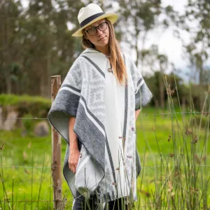 Ozogoche - Lightweight Baby Alpaca Hooded Poncho - Gray With Diamonds Pattern - Unisex