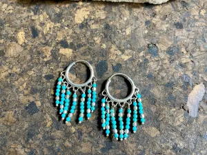 Petite Turquoise Fringe Silver Hoop Earrings