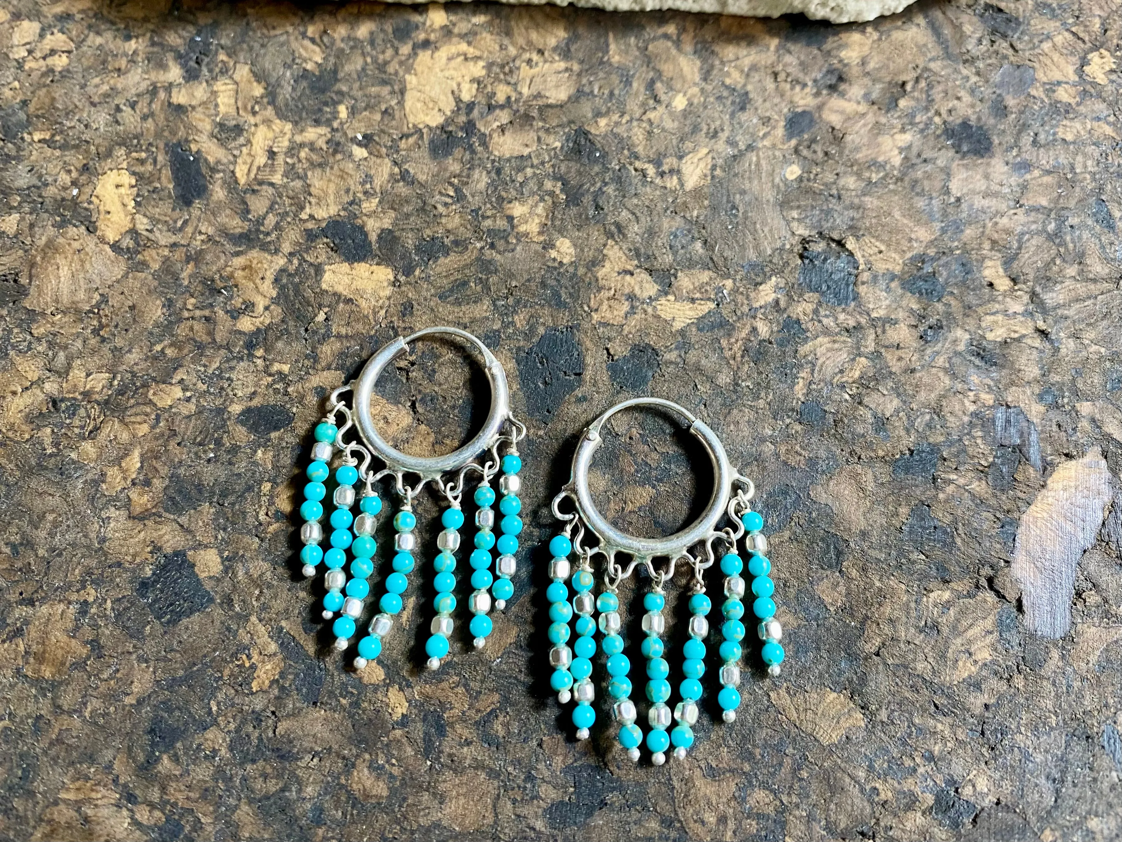 Petite Turquoise Fringe Silver Hoop Earrings