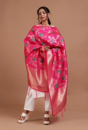 Pink Color Semi Silk Dupatta With Zari Weaving