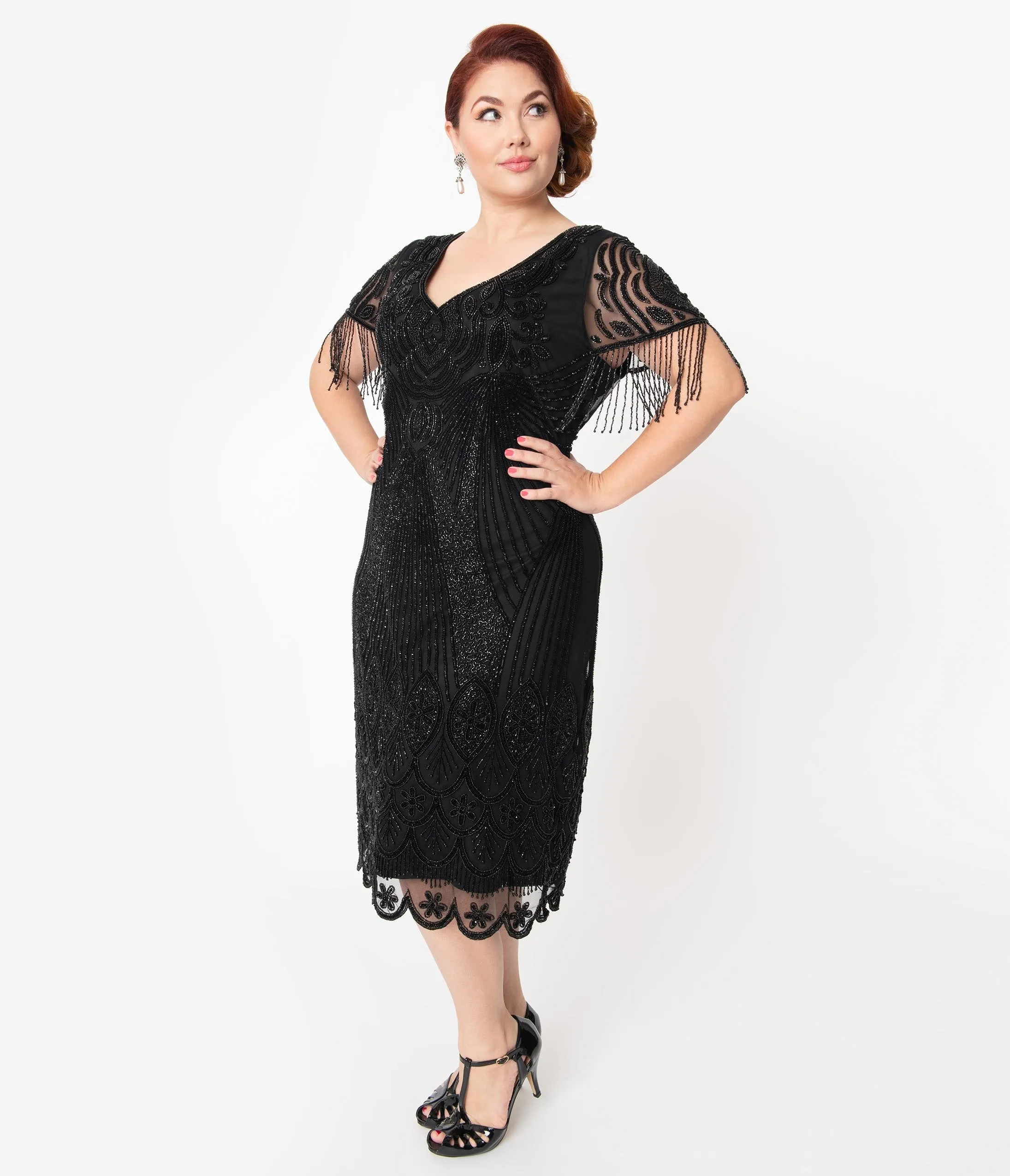 Plus Size 1920s Black Beaded Marta Flapper Dress