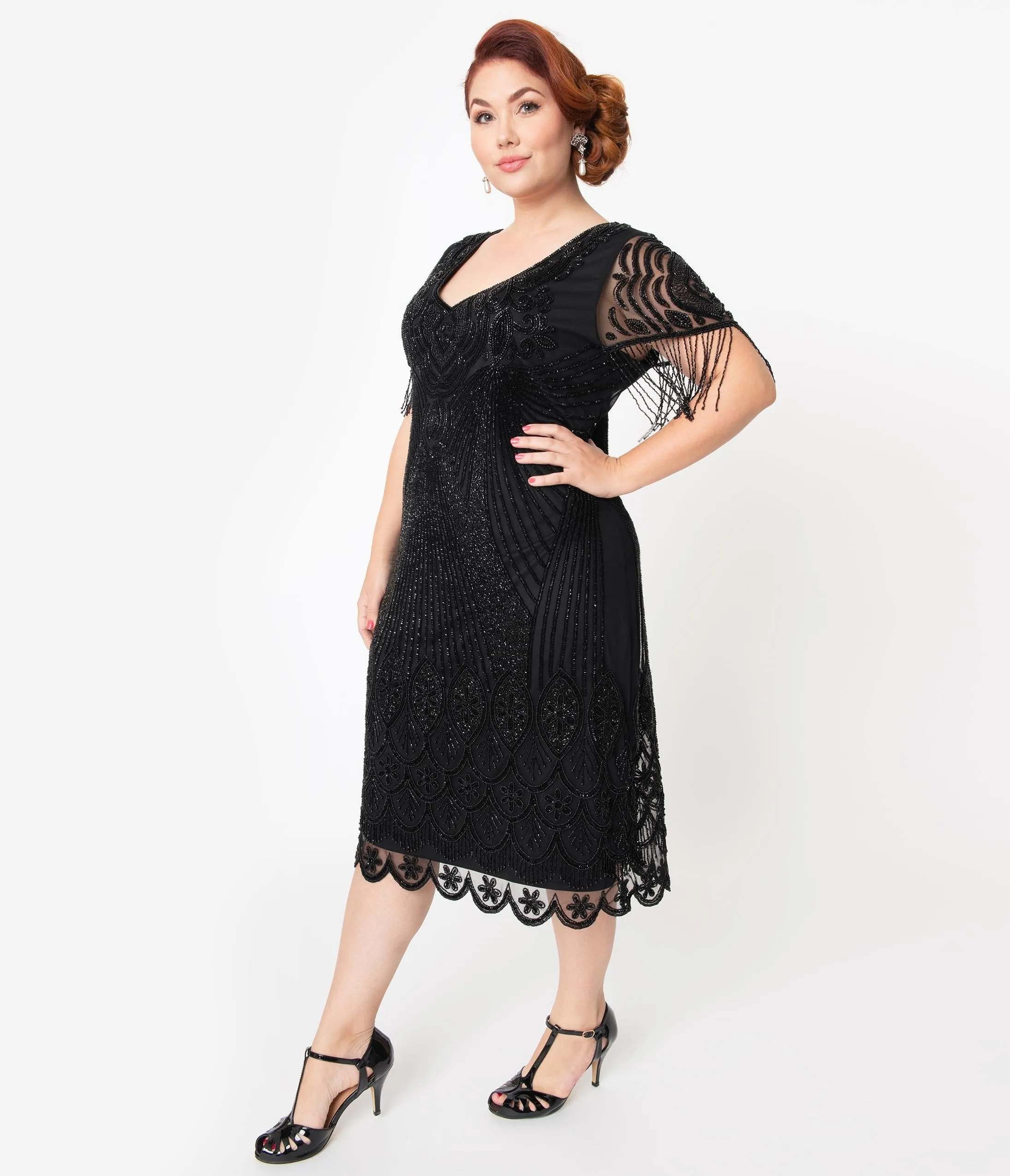 Plus Size 1920s Black Beaded Marta Flapper Dress