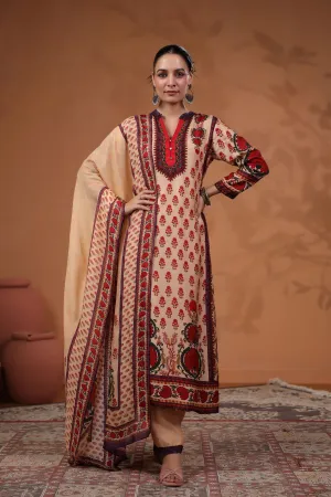 Rose Beige Traditional Printed Tussar Silk Pants Set