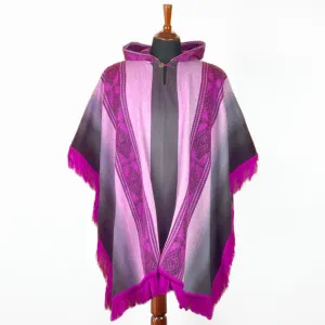 Saguambi - Lightweight Baby Alpaca Hooded Fringed Poncho - Purple - Unisex