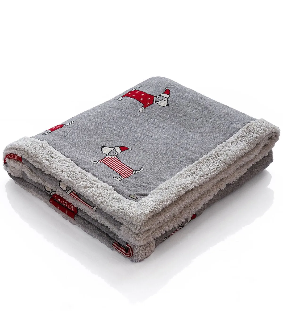 Santa Dog - Light Grey Cotton Knitted Kids Single Bed Blanket with Warm Sherpa Fabric