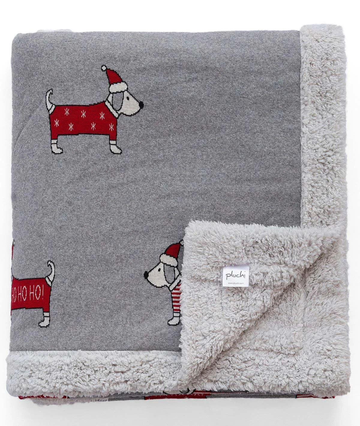 Santa Dog - Light Grey Cotton Knitted Kids Single Bed Blanket with Warm Sherpa Fabric