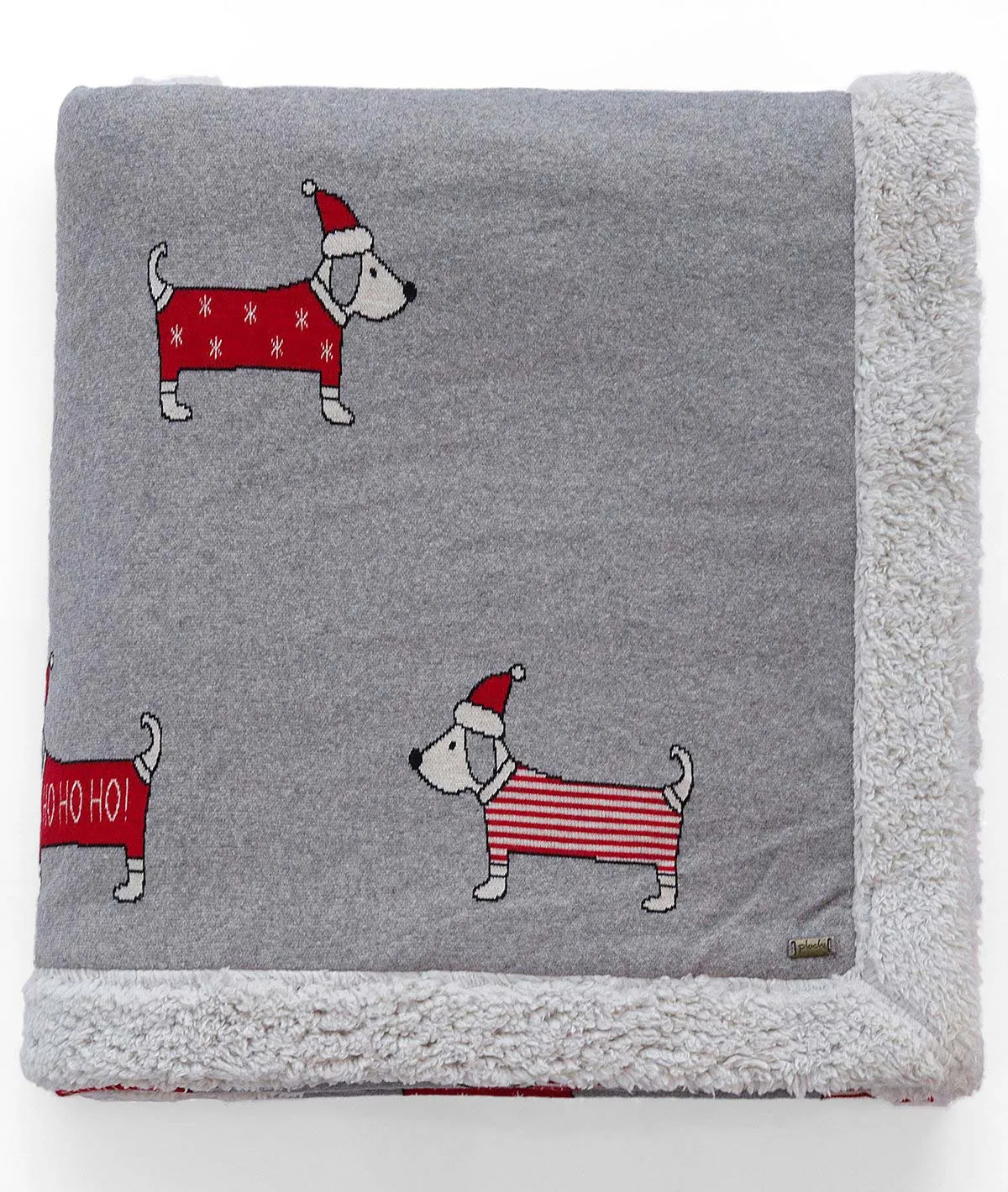 Santa Dog - Light Grey Cotton Knitted Kids Single Bed Blanket with Warm Sherpa Fabric