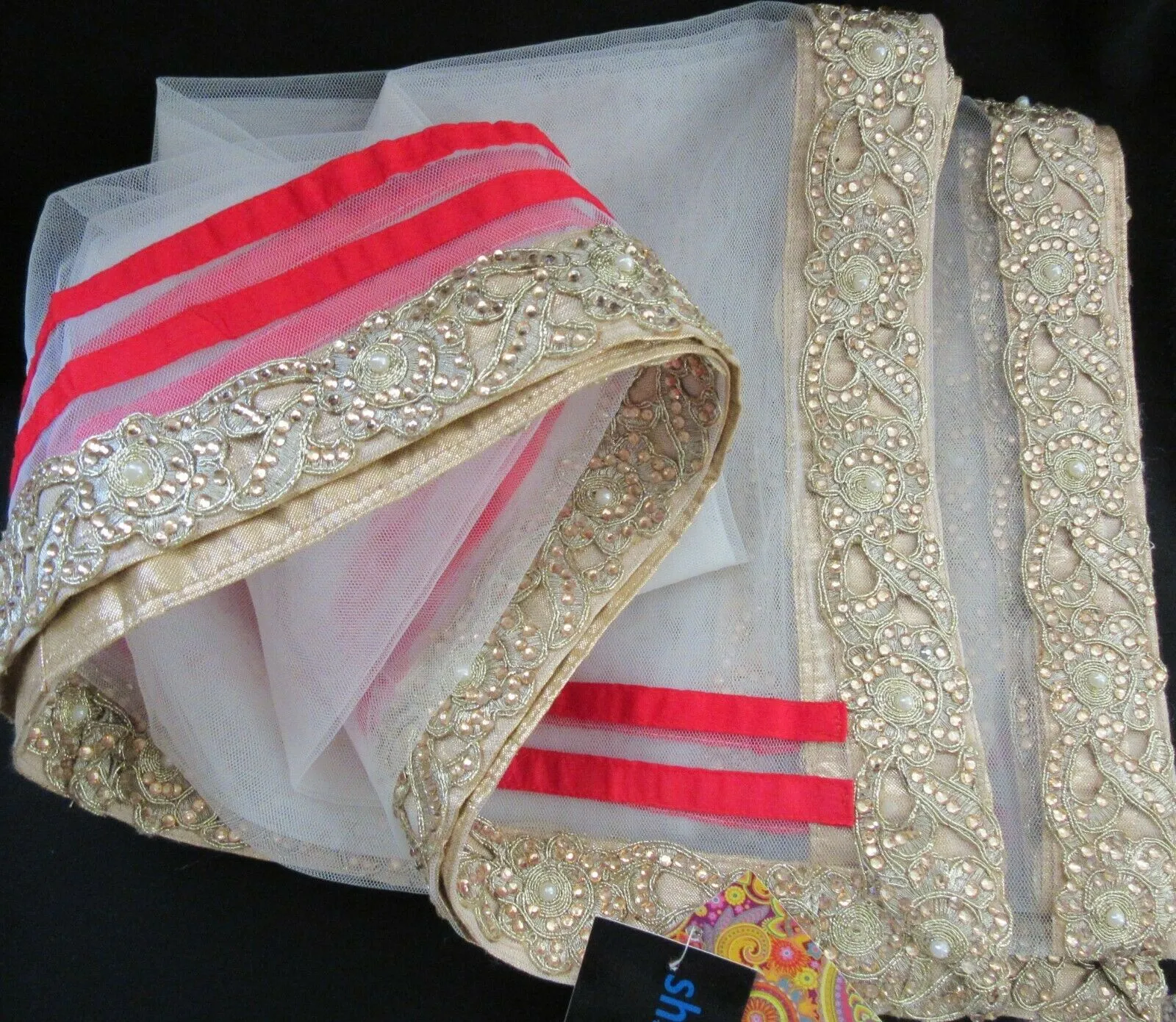 Scarf 7807 White Net Gold Red Trim Wedding Wear Dupatta