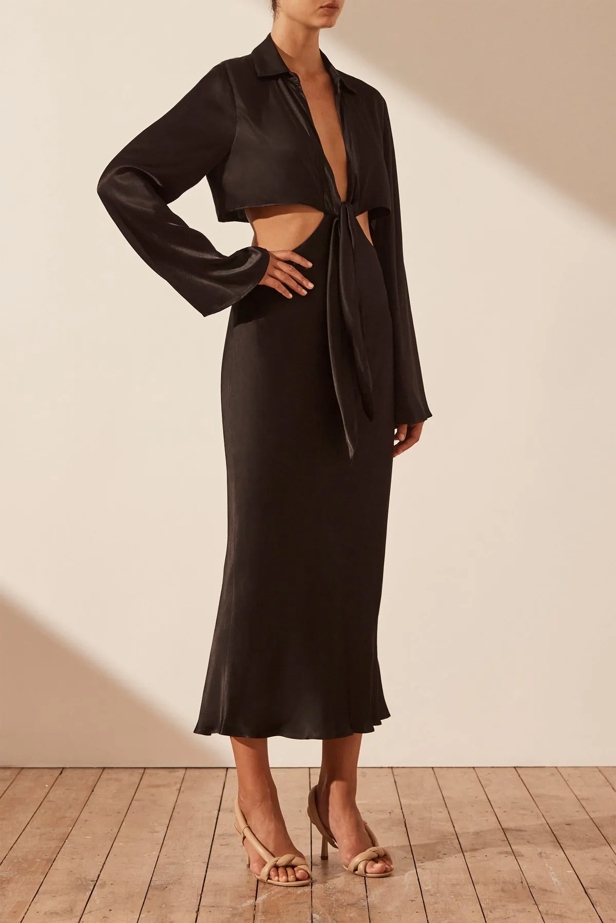 SHONA JOY - Oliviera Long Sleeve Tie Front Midi Dress - Black