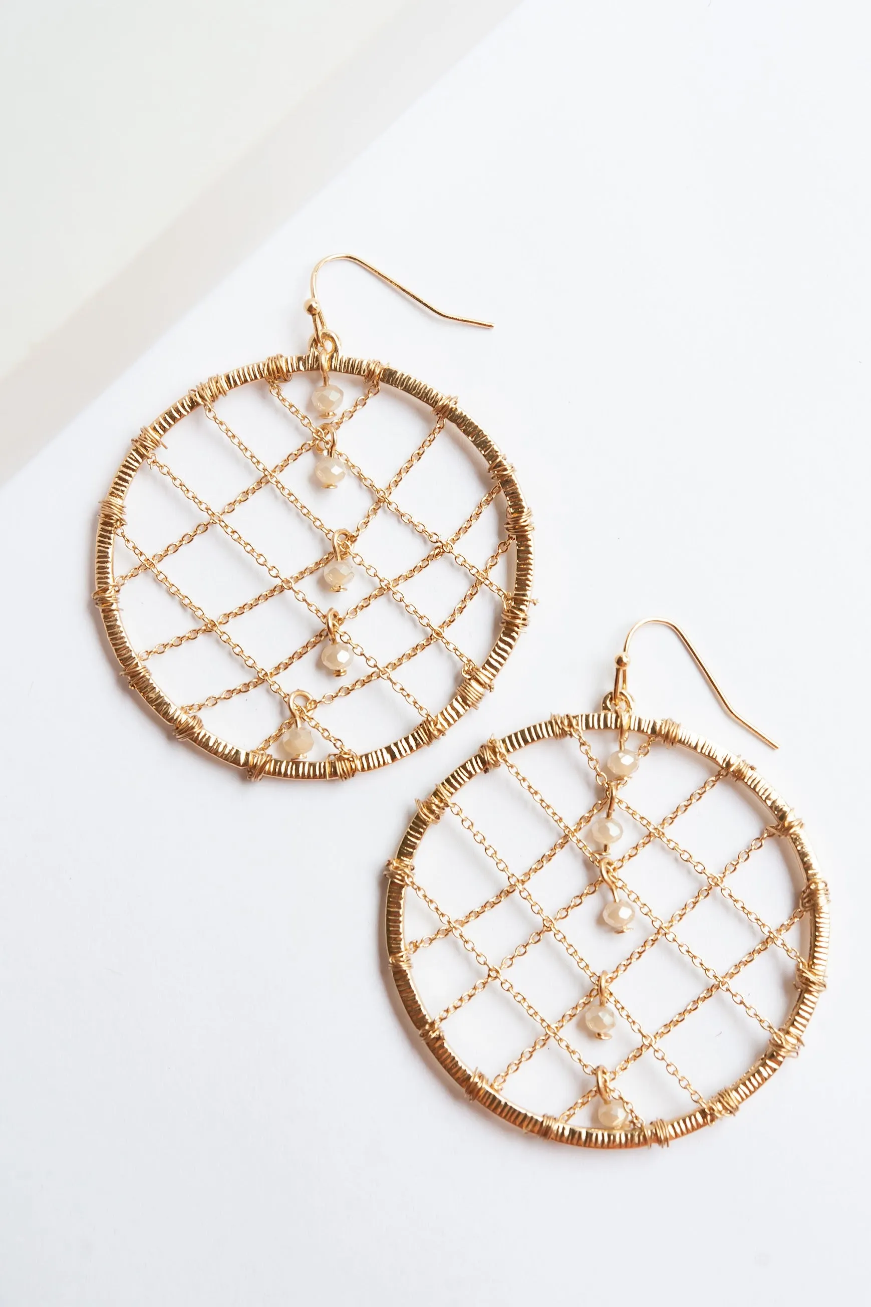 Sorchia Gold Moroccan Hoop Earrings | Exotic Intricate Chain Hoops | Delicate Pearl Charm Details