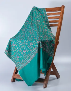 Teal Green Handwoven Sozni Jaali Embroidered Cashmere Pashmina Stole