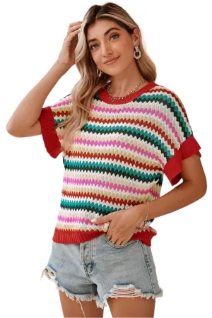 TEEK - Red Pink Green Stripe Ruffle Short Sleeve Knit Top