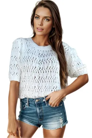 TEEK - White Round Neck Half Sleeve Sweater