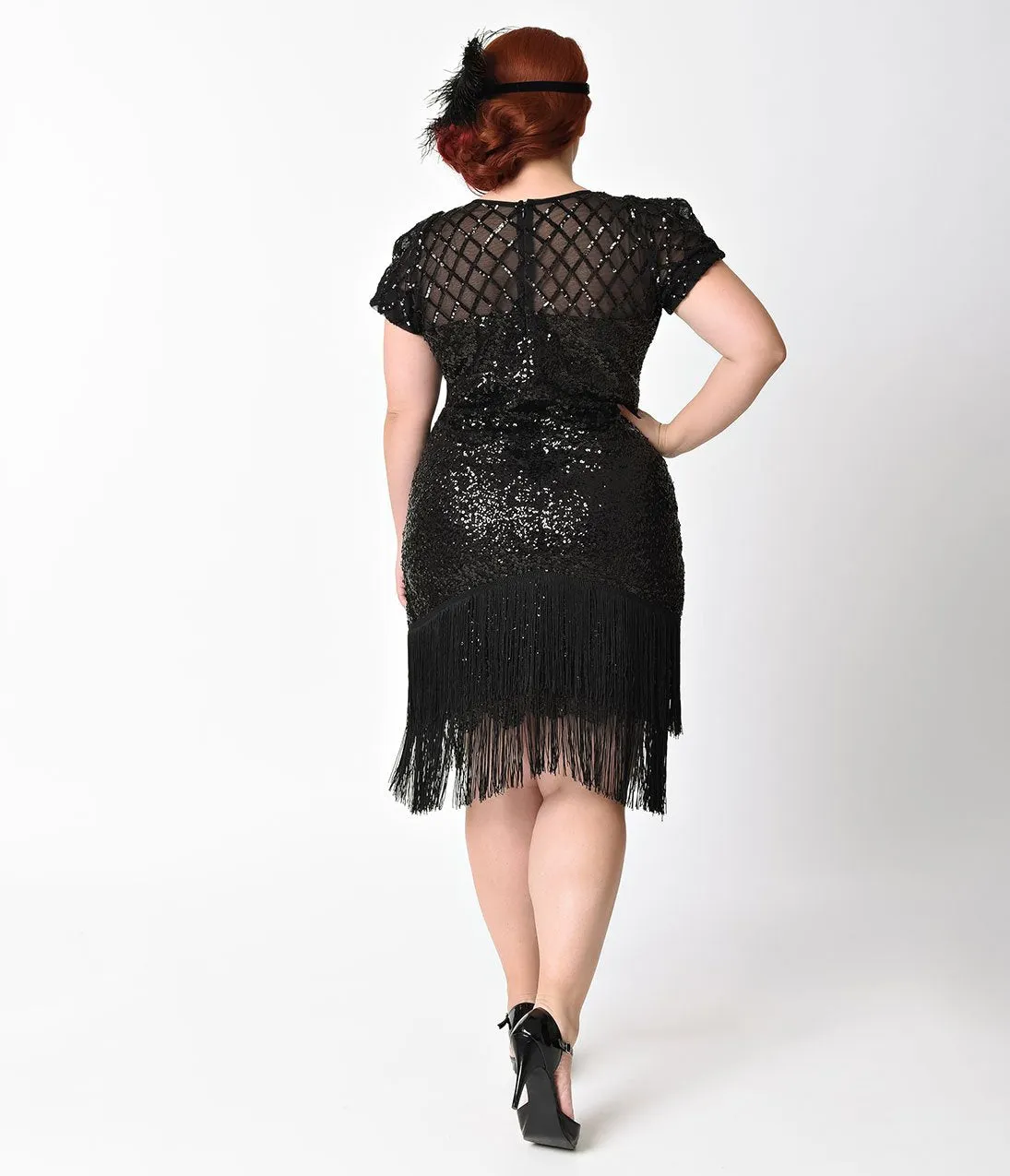 Unique Vintage Plus Size 1920s Black Sequin Fringe Del Mar Flapper Dress