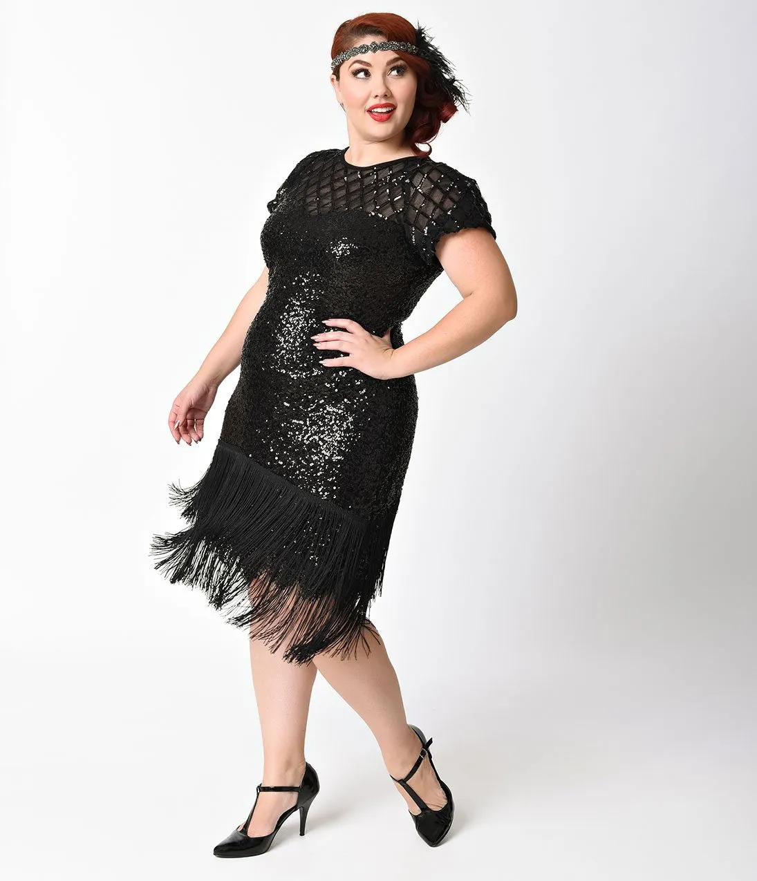 Unique Vintage Plus Size 1920s Black Sequin Fringe Del Mar Flapper Dress