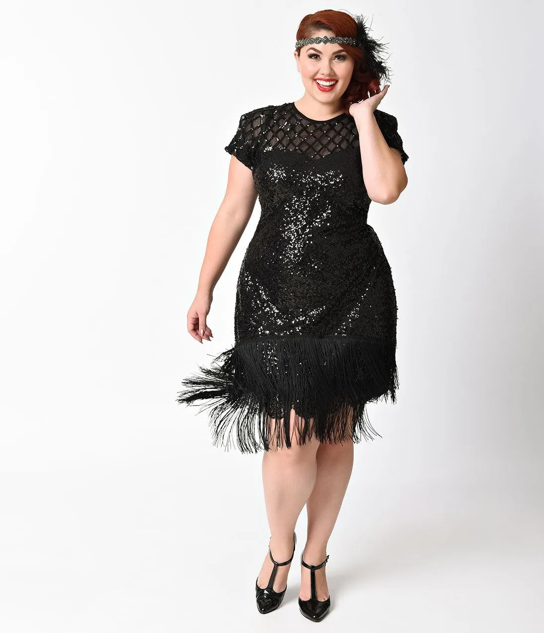 Unique Vintage Plus Size 1920s Black Sequin Fringe Del Mar Flapper Dress