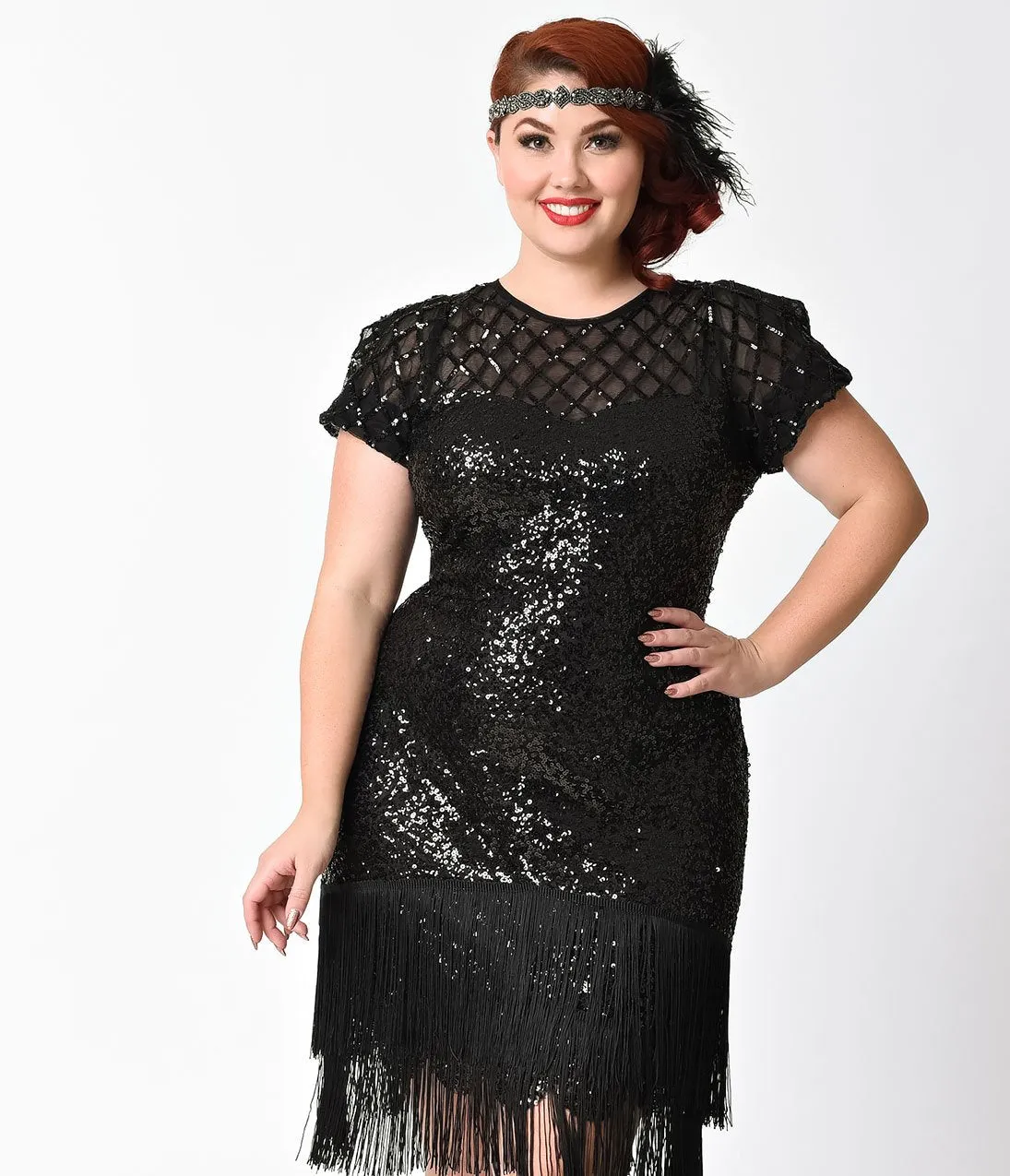 Unique Vintage Plus Size 1920s Black Sequin Fringe Del Mar Flapper Dress