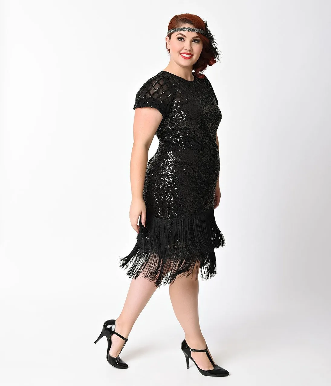 Unique Vintage Plus Size 1920s Black Sequin Fringe Del Mar Flapper Dress