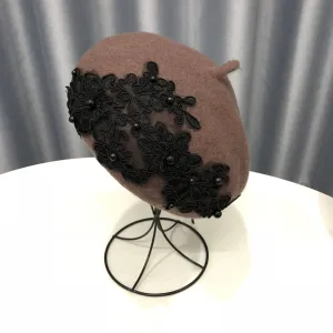 Winter Wool Beret With Lace And Pearls Female Wool Cap