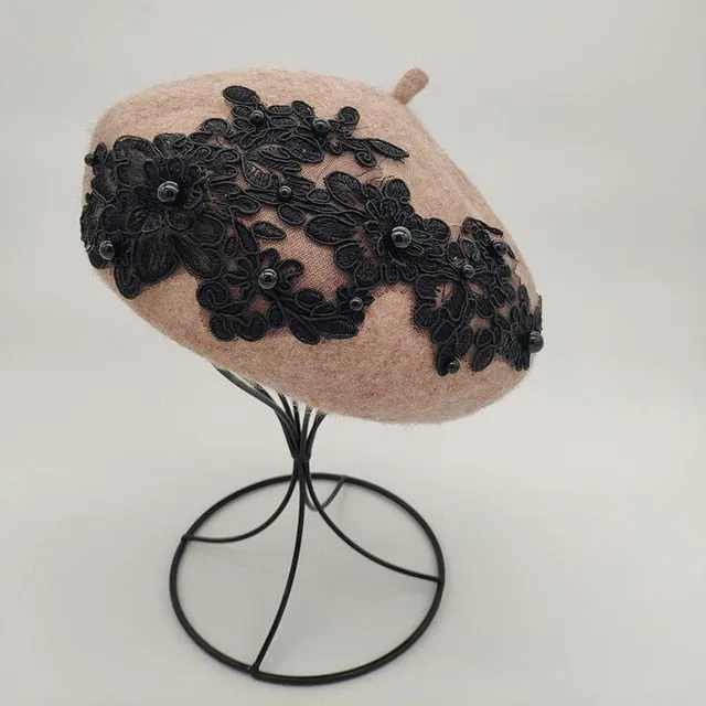 Winter Wool Beret With Lace And Pearls Female Wool Cap