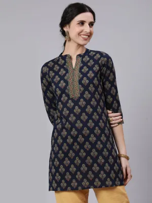 Women Navy Blue Ethnic Printed Straight Tunic