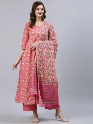 Women Pink Floral Printed Anarkali Kurta With Palazo & Dupatta