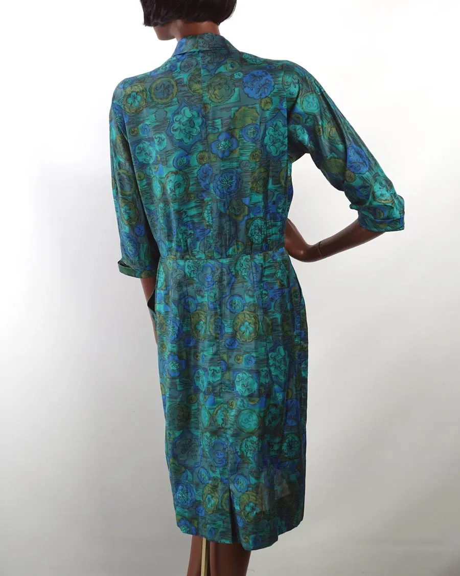 Women's 50s Fitted Sheath Dress Vintage Silky Blue Green Print M/L VFG McArthur