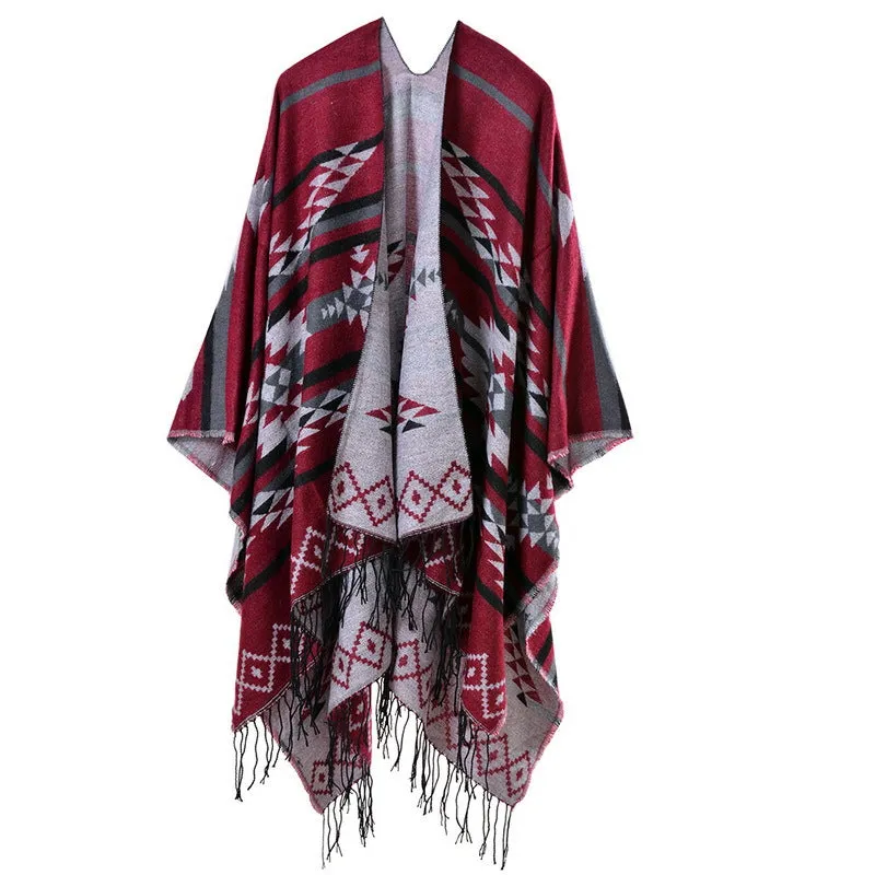 Women's Cross Plum Blossom Tassel Extended Thick Imitation Cashmere Travel Slit Shawl Scarf Popular Model