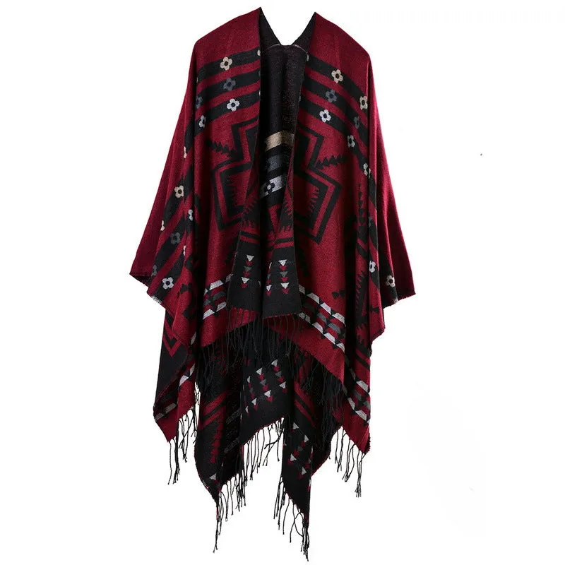 Women's Cross Plum Blossom Tassel Extended Thick Imitation Cashmere Travel Slit Shawl Scarf Popular Model