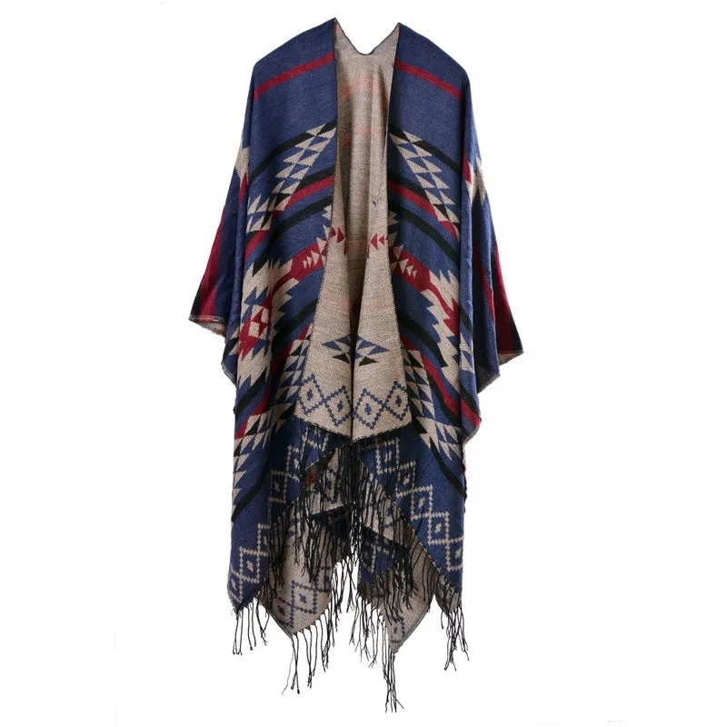 Women's Cross Plum Blossom Tassel Extended Thick Imitation Cashmere Travel Slit Shawl Scarf Popular Model