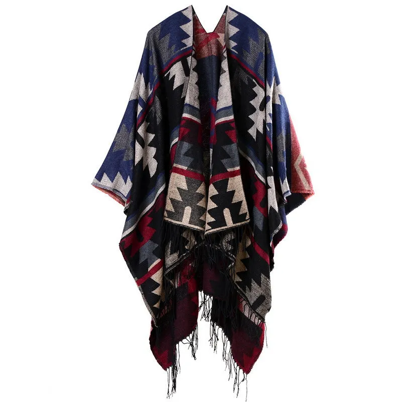 Women's Cross Plum Blossom Tassel Extended Thick Imitation Cashmere Travel Slit Shawl Scarf Popular Model