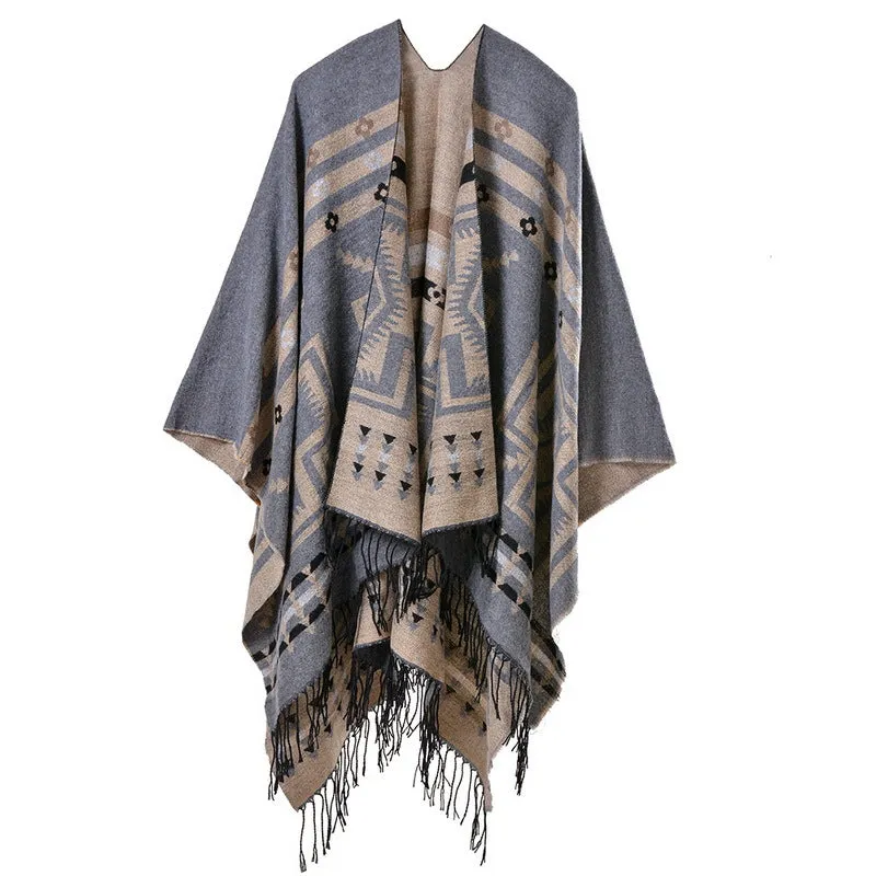 Women's Cross Plum Blossom Tassel Extended Thick Imitation Cashmere Travel Slit Shawl Scarf Popular Model