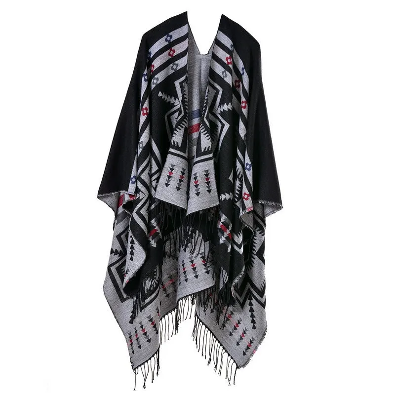 Women's Cross Plum Blossom Tassel Extended Thick Imitation Cashmere Travel Slit Shawl Scarf Popular Model