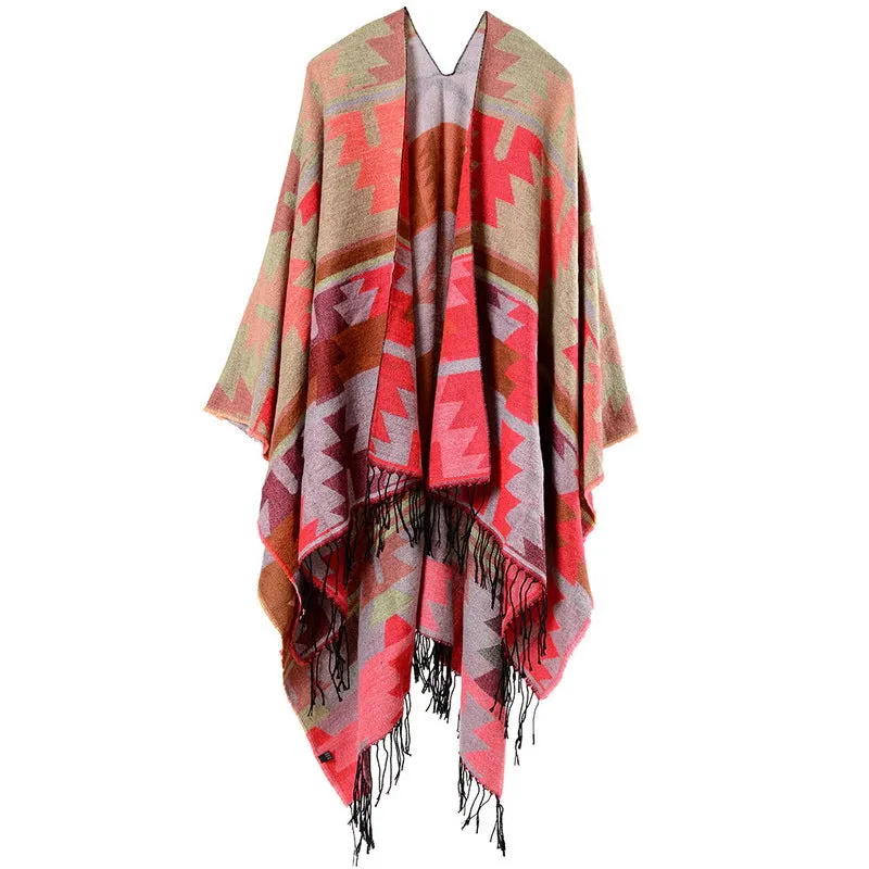 Women's Cross Plum Blossom Tassel Extended Thick Imitation Cashmere Travel Slit Shawl Scarf Popular Model