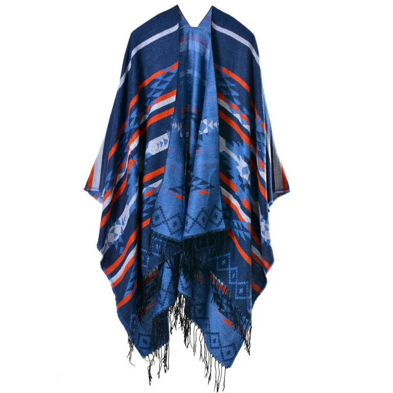 Women's Cross Plum Blossom Tassel Extended Thick Imitation Cashmere Travel Slit Shawl Scarf Popular Model